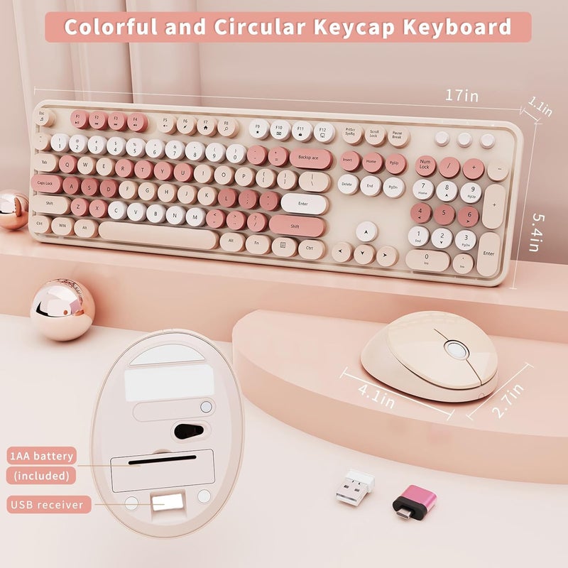 Nowlike Wireless Keyboard and Mouse, Full-Size Typewriter Keyboard with Retro Round Keycaps, Ergonomic Design, Compatible with Windows PCs, Ideal for Home and Office. (Milk Tea) - Image 3
